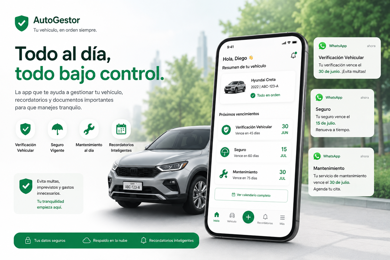 Alertas por WhatsApp del Plan Personal para verificación, seguro y mantenimiento de vehículos personales