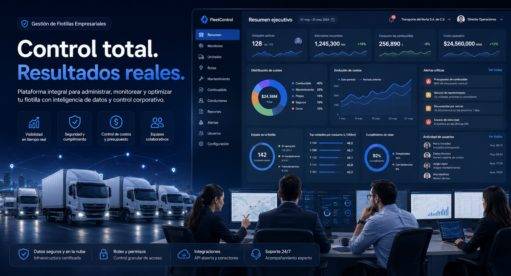 Plan Empresarial Mis Flotillas con panel ejecutivo, flota logística y control multiusuario
