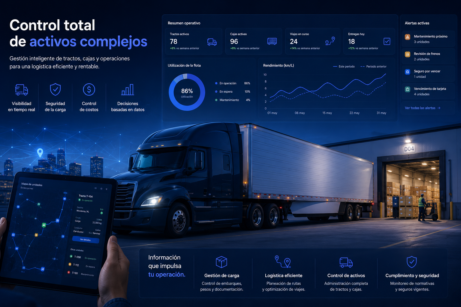 Control de tractos y cajas acopladas con alertas, rutas y activos complejos en Mis Flotillas